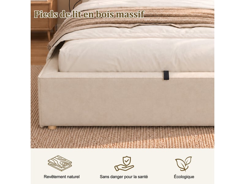 Lit enfant rembourré 120x200cm, mécanisme hydraulique, sommier à lattes, tête de lit et grand rangement, chenille beige  - Conforama E