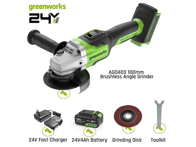 Greenworks–meuleuse d'angle 24v,moteur sans balais,disque de 4 pouces et broche m10,2 vitesses variables,10500 trmin,avec batterie 4ah et chargeur  - Conforama A
