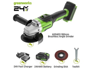 Greenworks–meuleuse d'angle 24v,moteur sans balais,disque de 4 pouces et broche m10,2 vitesses variables,10500 trmin,avec batterie 4ah et chargeur