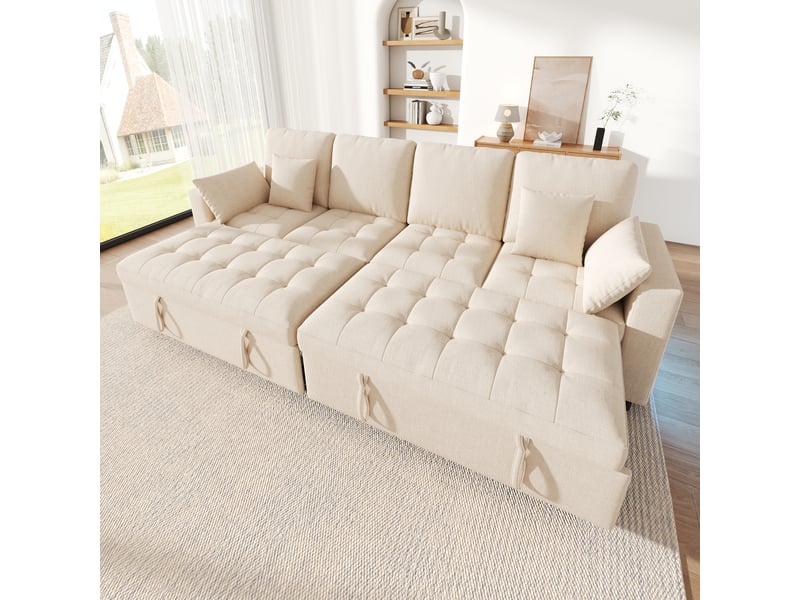  Canapé d’angle convertible en lit  262,5 cm, 4 places avec 2 couchages indépendants, dossier réglable, led, usbtype-c, 4 coussins, chenille, beige  - Conforama B