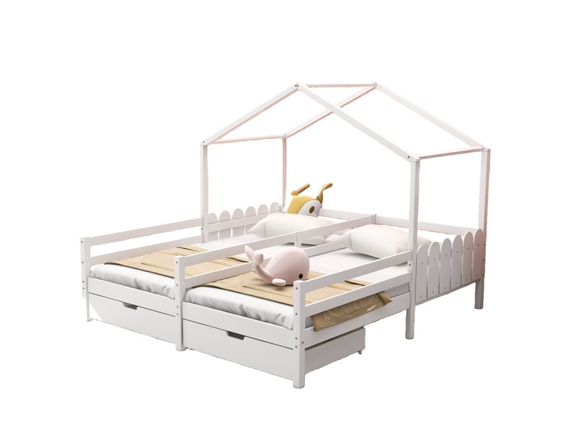  Lit enfant 90x200 cm - cabane avec toit et fenêtres, 2 tiroirs sur roulettes, cadre en pin blanc - sans matelas  - Conforama A