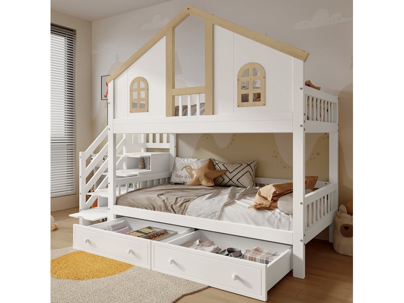 Lit superposé enfant 90x200 cm en bois blanc et bois clair avec escalier de rangement, tiroirs et fenêtres, sans matelas - Conforama B