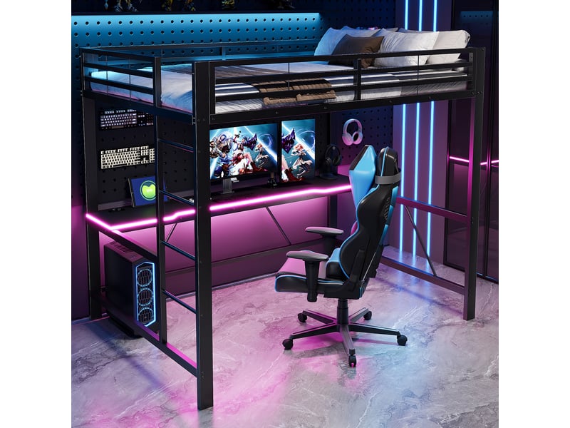  Lit mezzanine gaming 140x200 cm noir, avec bureau, led, usb, rangements, structure métal, sommier inclus, sans matelas  - Conforama W