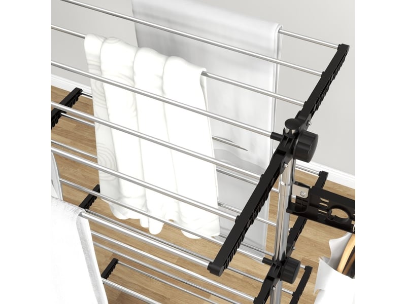 Support à linge rétractable 5 niveaux, pliable, système one-klick, 142 cm x 55 cm x 172 cm, noir + argent - Conforama D