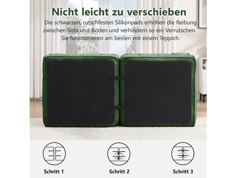 Canapé modulaire 2 places avec deux poufs, assise profonde et larges accoudoirs en polyester vert - Conforama E