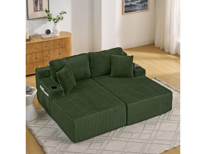  Canapé-lit 2 places multifonctionnel en velours côtelé vert  - Conforama C