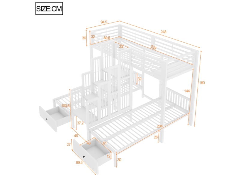  Lit superposé 90 × 200 cm 3 places avec escalier, barrières et 2 tiroirs, sans matelas, en métal et bois blanc  - Conforama D