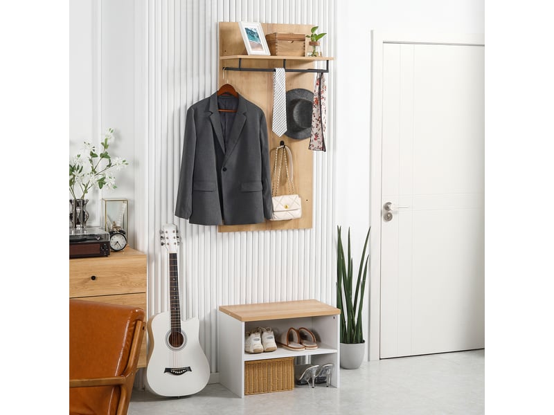  Organisateur d'entrée avec banc à chaussures, étagère à chaussures, porte-manteau à 4 crochets, blanc et naturel  - Conforama C