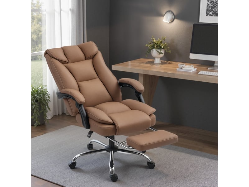  Helreiel chaise de bureau inclinable avec repose pieds cuir synthétique marron  - Conforama D