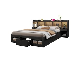 Lit plateforme 140 × 200 cm avec 3 tiroirs, led et prise usb, rangement tête et pied de lit pour chambre, noir