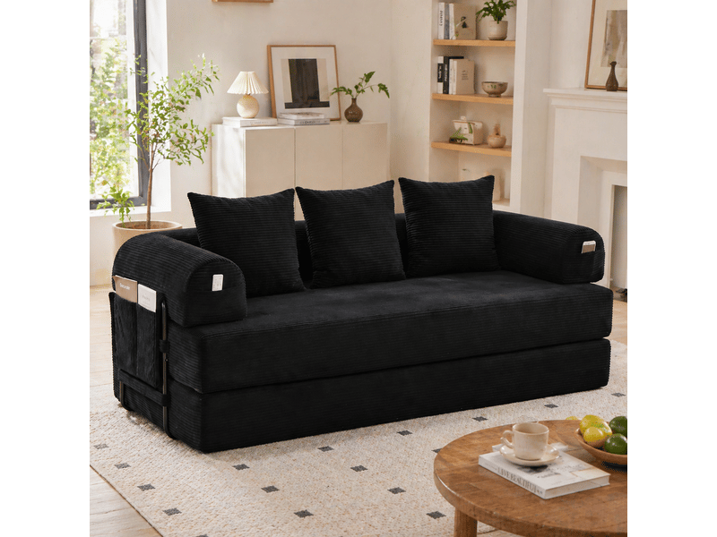Canapé modulable 3 places – canapé convertible en velours côtelé avec assise profonde, coussins, poche latérale, mousse haute résilience, structure stable – noir - Conforama B