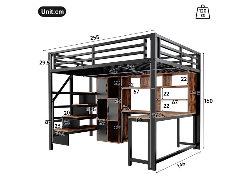  Lit mezzanine 140 x 200 cm avec bureau, led et escalier avec rangement, lit double en métal avec étagères et placards intégrés - noir  - Conforama D