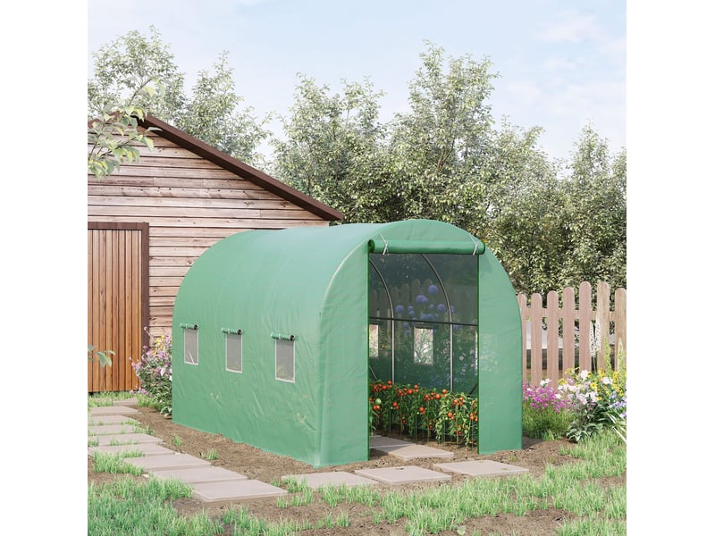  Serre de jardin tunnel 350x200x200 cm – verte – 3 fenêtres en maille, porte enroulable et ruban de fixation fourni  - Conforama B