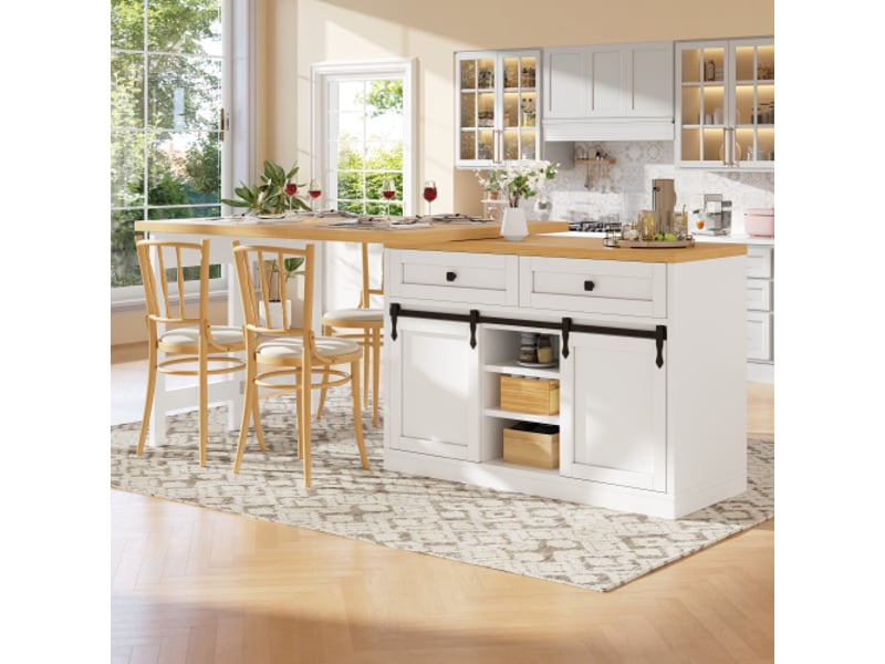 Îlot de cuisine pivotant 360° avec portes coulissantes – style grange – 120–197 cm – 2 tiroirs – étagères réglables – blanc - Conforama B
