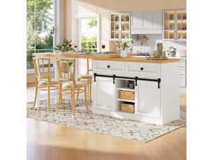 Îlot de cuisine pivotant 360° avec portes coulissantes – style grange – 120–197 cm – 2 tiroirs – étagères réglables – blanc