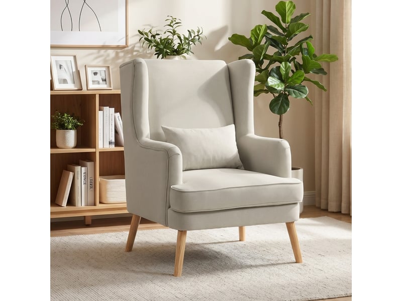  Fauteuil à dossier haut avec coussin lombaire, assise large et pieds en bois, tissu aspect lin beige  - Conforama C