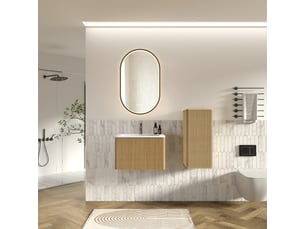 Meuble sous vasque avec colonne, vasque blanche et miroir led antibuée pour salle de bain, finition chêne