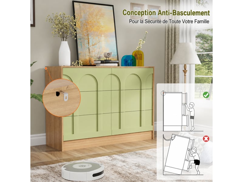 Commode verte 6 tiroirs à motifs arches, poignées dissimulées, décor bois clair, 100 x 34 x 72 cm - Conforama E