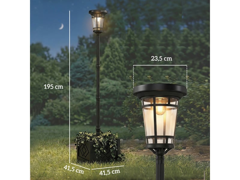  Lampadaire solaire pot fleurs, 195 cm, lanterne extérieure, 2 luminosités, interrupteur, ip44.  - Conforama E