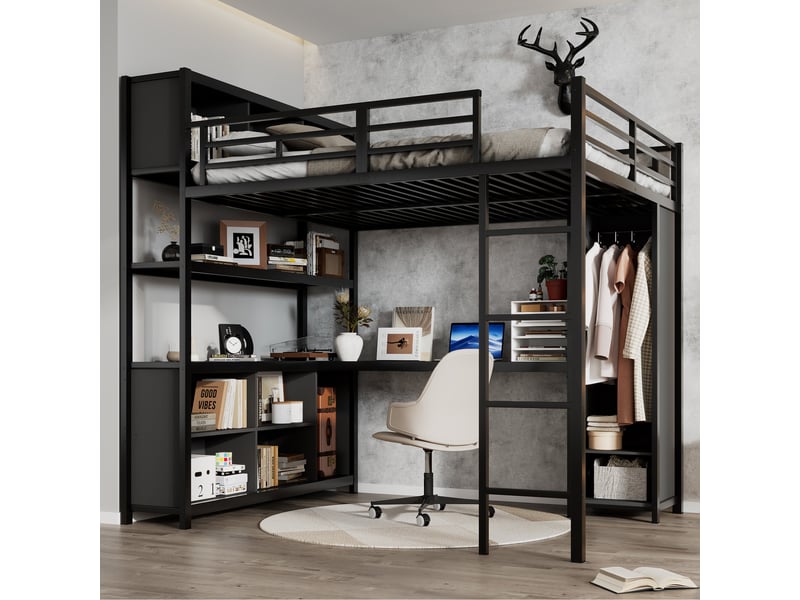  Lit mezzanine 140x200 en fer noir avec bureau, rangements et armoire  - Conforama R