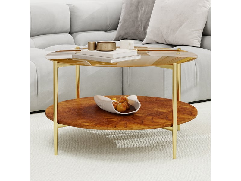  Table basse ronde, avec plateau en verre, base en bois et structure en métal, pour salon, gold  - Conforama D