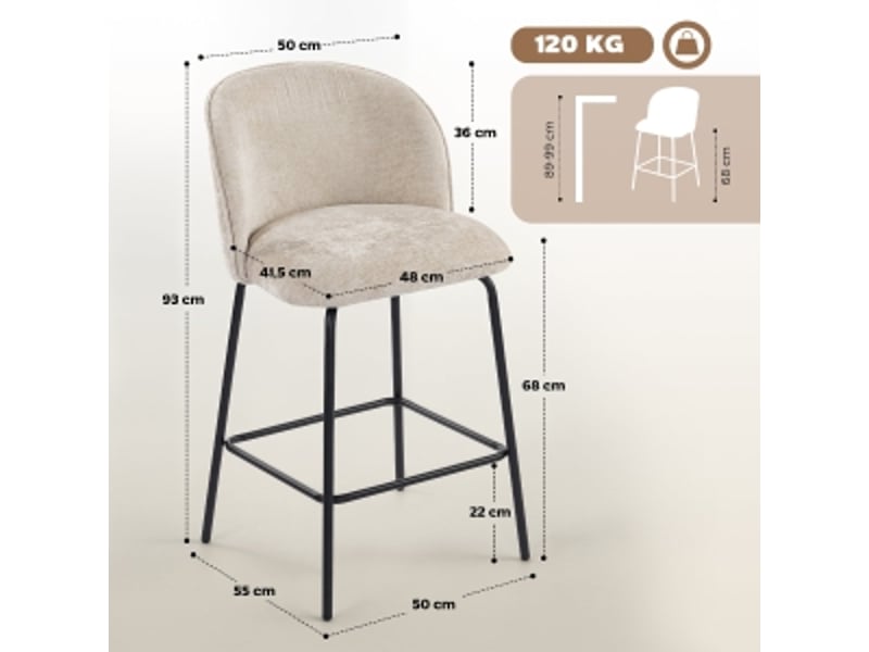  Tabourets de bar lot de 2 avec dossier et repose-pieds - lpospi - pieds en acier, polyester - beige  - Conforama D