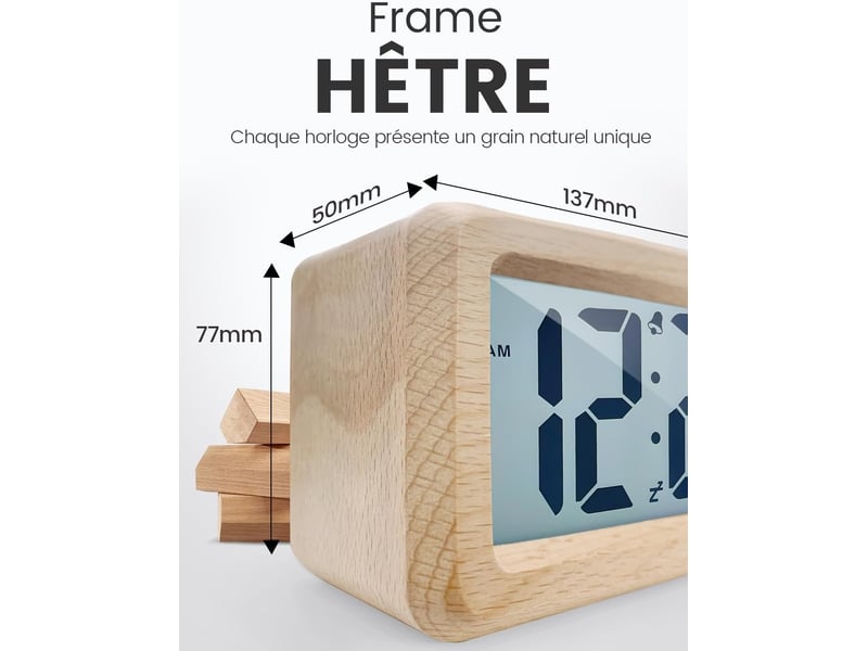  Sveglia digitale in legno, orologio digitale lcd | silenziosa (sans ticchettio), avec visualisation des données, température et fonction snooze  - Conforama E