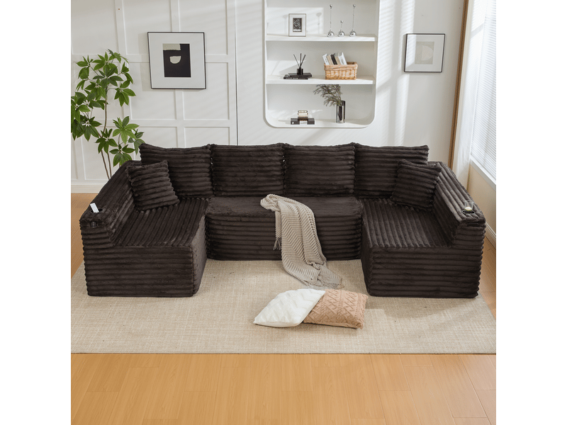  Canapé d'angle panoramique fixe 6 places tissu marron canapé compressible - Conforama D