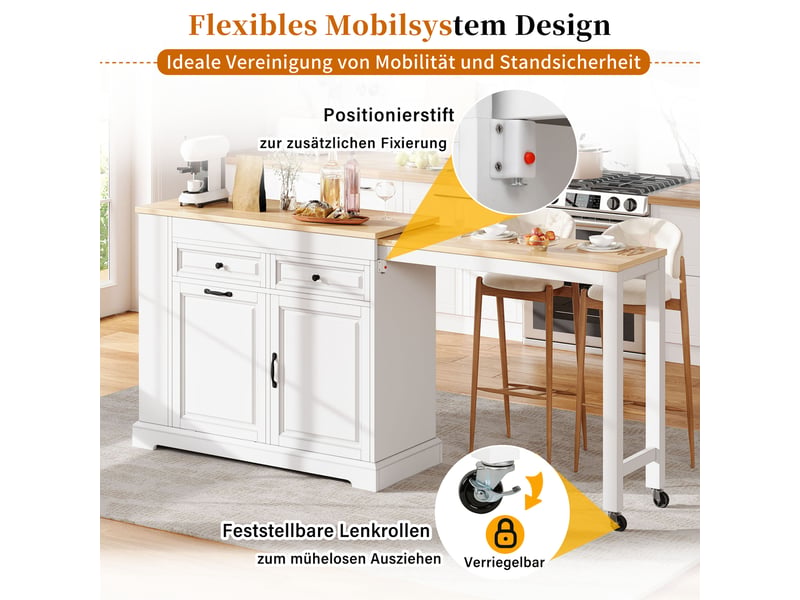  Îlot de cuisine mobile avec plan extensible et 2 tiroirs blanc KL000017AAK - Conforama E