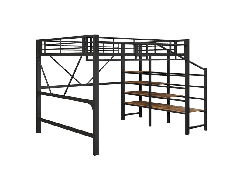  Lit mezzanine métal noir 140×200 cm avec étagères, panier et led  - Conforama D