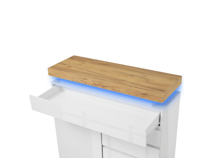 Commode haute blanche à led – 2 portes et 3 tiroirs – 110 x 39 x 115 cm - Conforama E