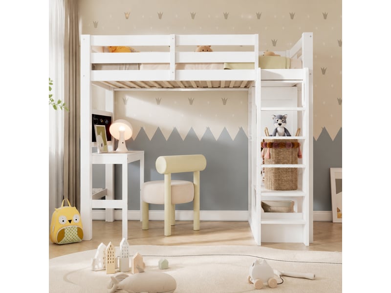  Lit mezzanine, 90x200 cm, avec bureau, armoire ouverte, solutions de rangement, matelas non inclus, bois, coloris blanc  - Conforama B