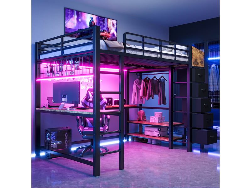Lit mezzanine gaming 140 x 200 cm avec grand bureau, led multicolore, prises usbusb-c, 5 tiroirs en tissu et penderie en métal noir sans matelas - Conforama B
