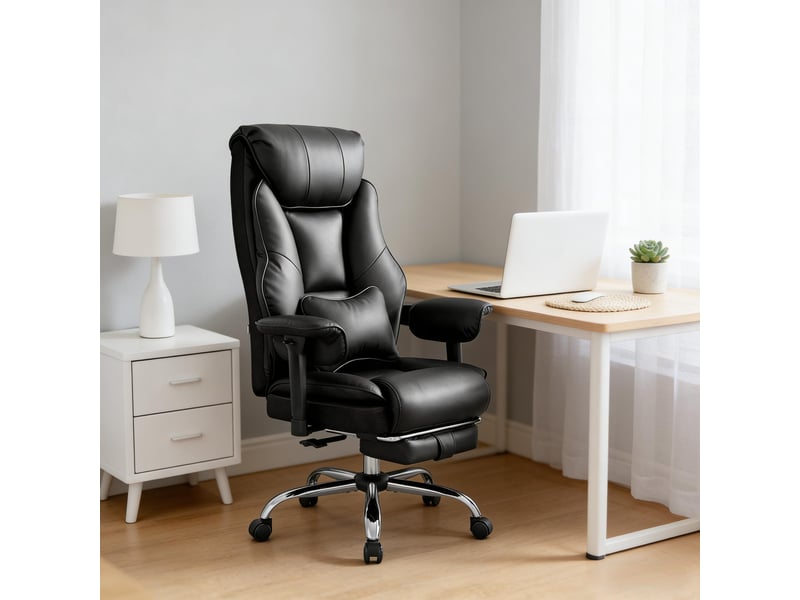  Chaise de bureau ergonomique pivotante avec accoudoirs réglables - lpospi - dossier inclinable, repose-pieds, pu noir  - Conforama C