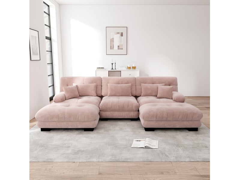  Canapé d’angle modulable modenvie en u 313 x 145 cm chenille rose avec ottomans mobiles  - Conforama E