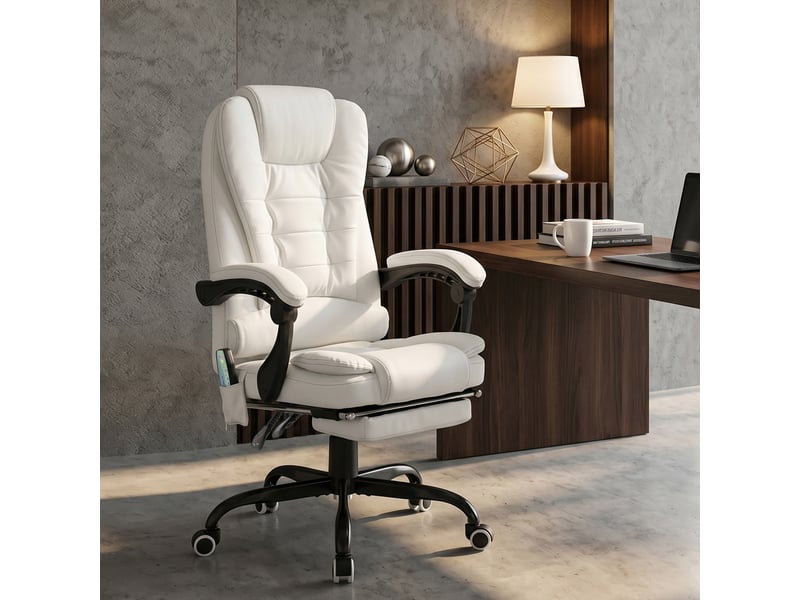  Fauteuil de bureau avec 7 points de massage, repose-pieds rétractable, hauteur réglable, télécommande et revêtement en tissu pu blanc  - Conforama D