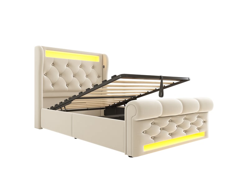  Lit coffre, lit enfant 90x200 cm, tête de lit avec rangement, led, usbusb-c, velours beige, matelas inclus  - Conforama B