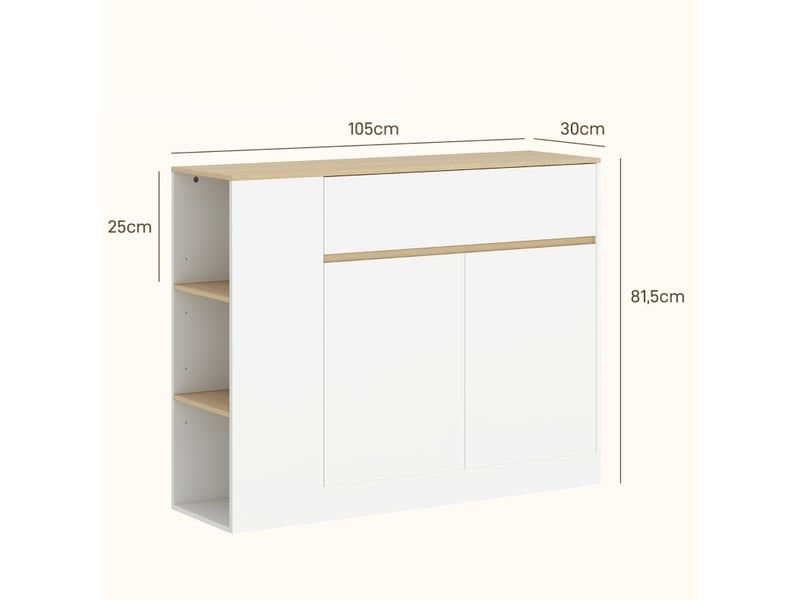  Buffet 105 x 30 x 81,5 cm blanc en panneau de particules, rangement avec portes, tiroir et étagères  - Conforama C