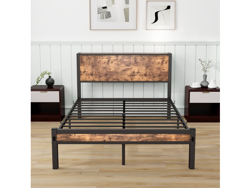  Lit simple 120 × 200 cm 1 place avec tête de lit à rangement, structure métal et mdf, sans matelas, brun antique  - Conforama E