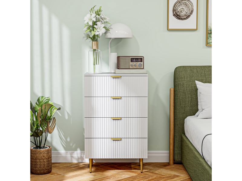  Commode 4 tiroirs commode chambre meuble de rangement moderne avec poignées et pieds dorés, blanc, dim. 60 x 40 x 96 cm  - Conforama W