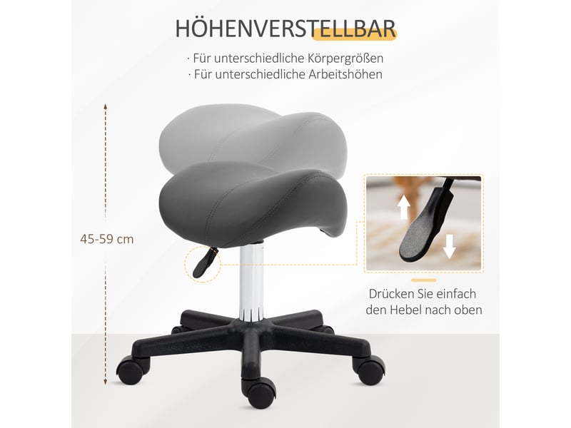  Tabouret à roulettes avec assise en forme de selle réglable en hauteur et pivotant à 360 degrés recouvert de similicuir gris  - Conforama E