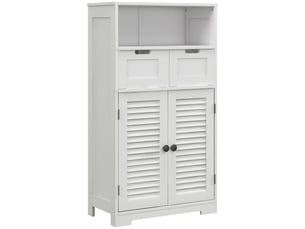 Meuble de salle de bain à 2 portes, étagère réglable, 2 tiroirs et compartiment de rangement, 61 x 30,5 x 109,5 cm, blanc