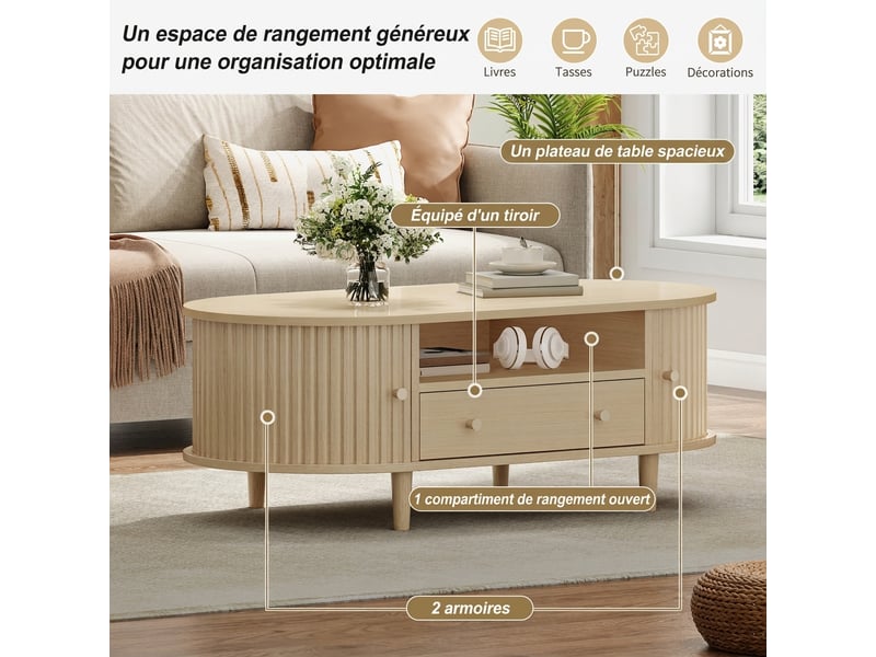  Table basse ovale en bois avec tiroir et porte coulissante 100x50 cm - rangement ouvert  - Conforama R