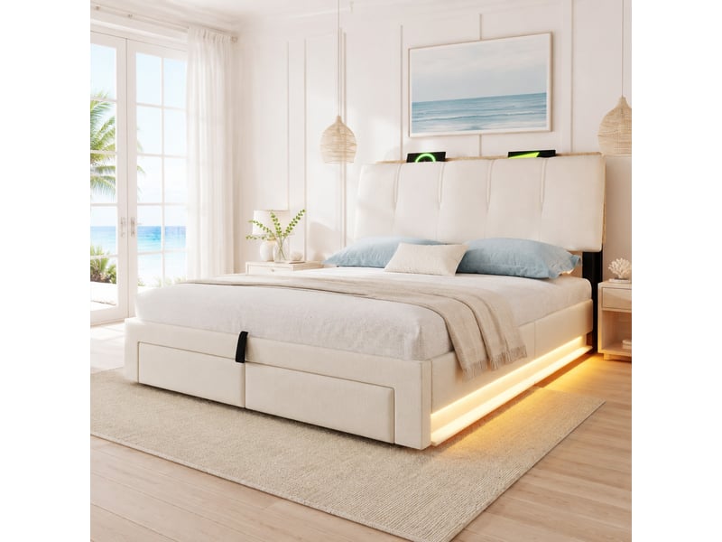  Lit coffre 140x200 cm en lin beige avec led, usb et type-c  - Conforama B