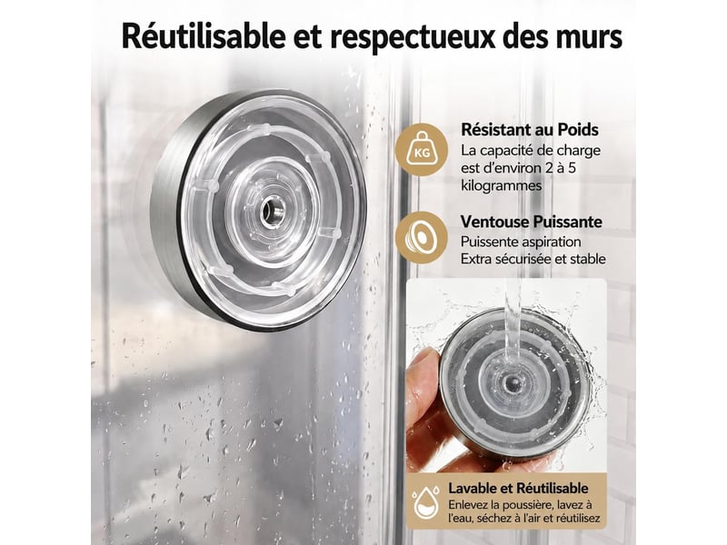  Lot de 2 crochets muraux à ventouse argentés - fixation sans perçage, réutilisables et étanches pour salle de bain, cuisine et douche, gris  - Conforama E