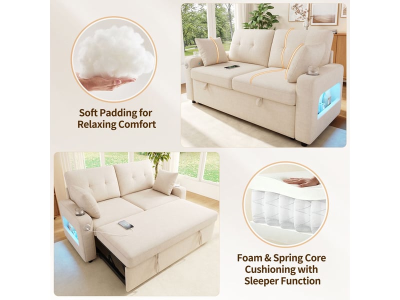  Canapé-lit 2 places éclairage led couchage d'appoint port de charge usb-c porte-gobelets rangement dans les accoudoirs 2 coussins coloris beige  - Conforama D