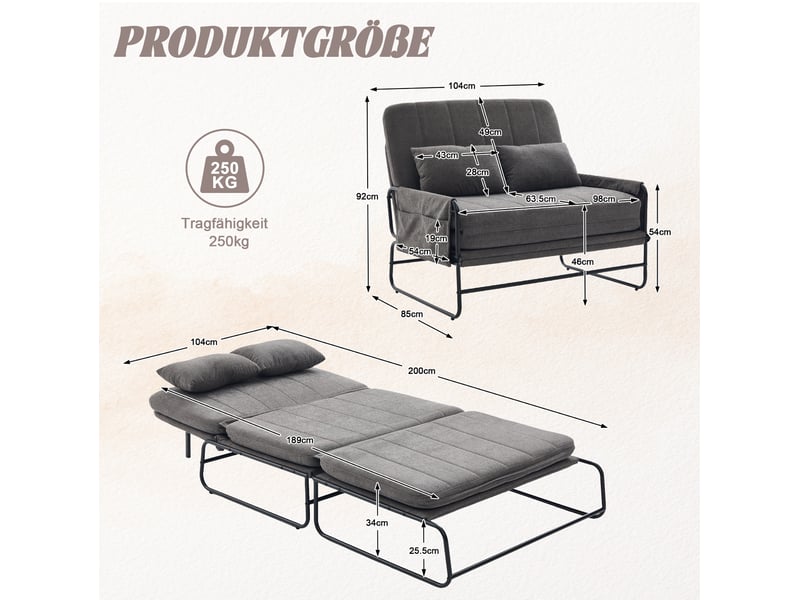  Canapé convertible 2 places avec poches latérales et coussin lombaire, structure en métal, chenille gris  - Conforama C