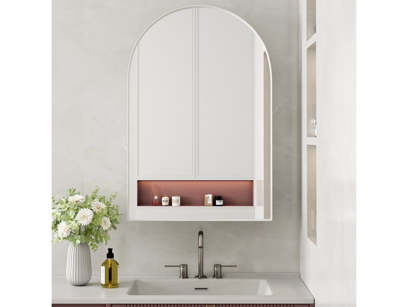  Armoire de toilette miroir cintré 91x61x12 cm, pose murale ou encastrée, 2 tablettes, métal blanc  - Conforama B