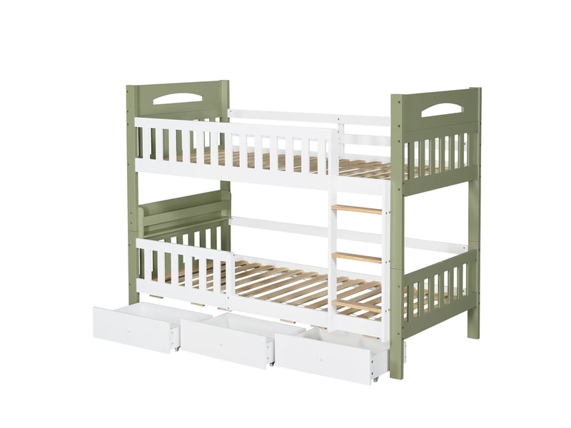  Lit superposé enfant 2x90x200 cm avec 3 tiroirs, blanc et vert, sans matelas  - Conforama D
