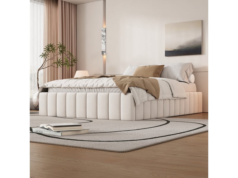  Lit capitonné 140 x 200 cm sans tête de lit, sommier à lattes, sans matelas, beige, velours  - Conforama C